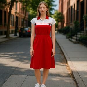 Vintage 70s Red White Tennis Dress Collared Sportswear Preppy A-Line XS/S 5-6